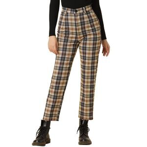 Plaid Cropped Trousers Button Casual Tartan Check Work Pants Dark Brown